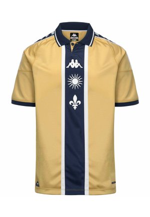 Polo doré à manches courtes avec une rayure verticale bleu marine présentant les logos soleil, fleur-de-lis et deux silhouettes assises sur le devant.