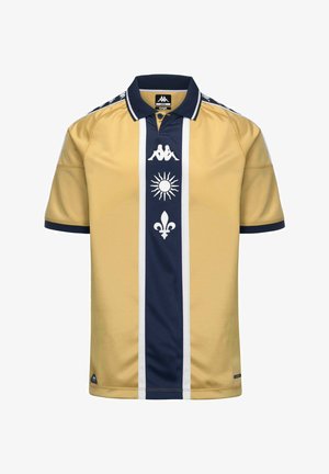 Polo doré à manches courtes avec une rayure verticale bleu marine présentant les logos soleil, fleur-de-lis et deux silhouettes assises sur le devant.