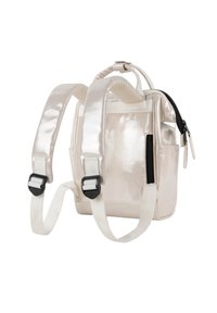 Shiny, metallic light pink backpack with padded adjustable straps and black zipper accents. Features a main compartment and side pocket.