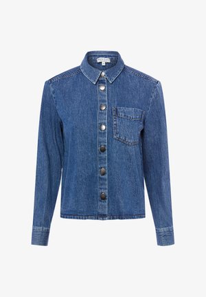 Blue denim jacket with long sleeves, front metal snap buttons, a collar, and a single chest pocket on the left side.
