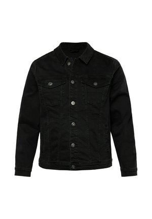 Zwarte denimjack met een knoopsluiting aan de voorkant, twee borstzakken en zijzakken. Beschikt over een klassieke kraag en zichtbare stiksels.