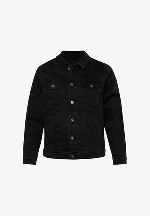 Czarna kurtka dżinsowa z zapięciem na guziki, dwoma kieszeniami na piersi i kieszeniami bocznymi. Posiada klasyczny kołnierz oraz widoczne szwy.