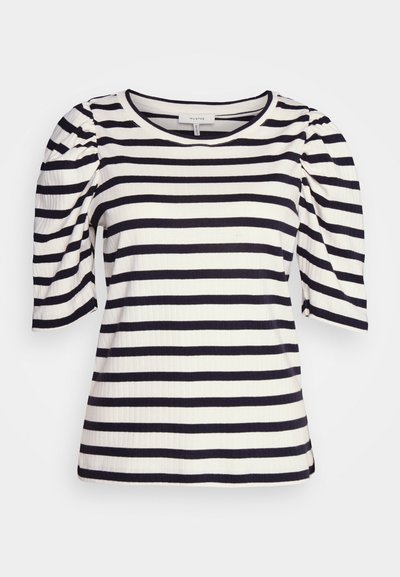 Striped jersey top with short puff sleeves. Features navy blue and white horizontal stripes and a round neckline. Textured ribbed fabric.
