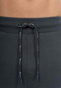 Grijze drawstring shorts met een geribbelde tailleband, verstelbaar trekkoord met logo-accenten en een gladde, textuurloze stof.