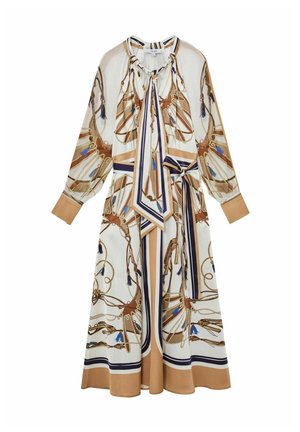 Garām piedurknēm krēmkrāsas kleita ar bēšiem, brūniem un ziliem virvju un bārkstīm rakstiem, kaklā saite un atbilstošs josta viduklī.