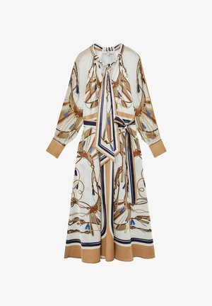 Garām piedurknēm krēmkrāsas kleita ar bēšiem, brūniem un ziliem virvju un bārkstīm rakstiem, kaklā saite un atbilstošs josta viduklī.