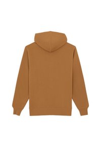 Brown hoodie with a drawstring hood, shown from the back. Features long sleeves and ribbed hems. Minimalist design on a white background.