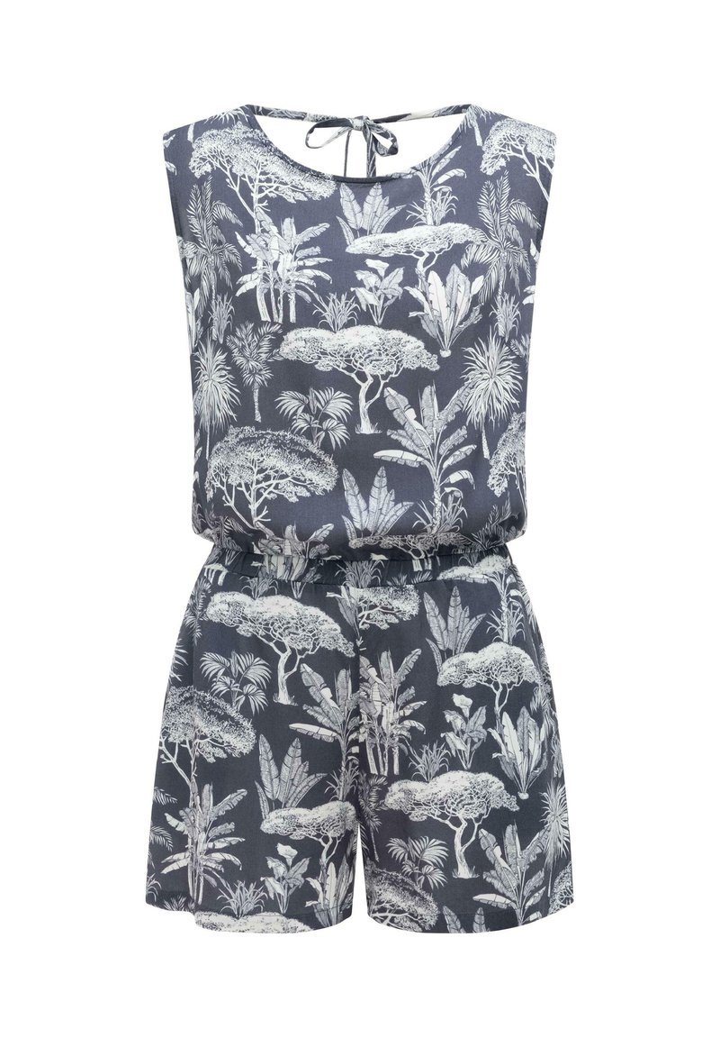 Ärmelloser marineblauer Jumpsuit mit weißem tropischem Baum- und Pflanzenmuster, rundem Ausschnitt, elastischer Taille und Rückenverschluss mit Bindeband.
