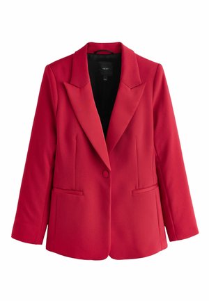 Red blazer with a structured design, sharp lapels, a single button closure, and two front pockets. Made of textured fabric.