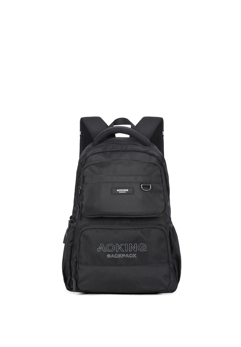 Zaino nero con più scomparti con zip, spallacci imbottiti e una maniglia superiore. Presenta una tasca in rete con dettagli del marchio.