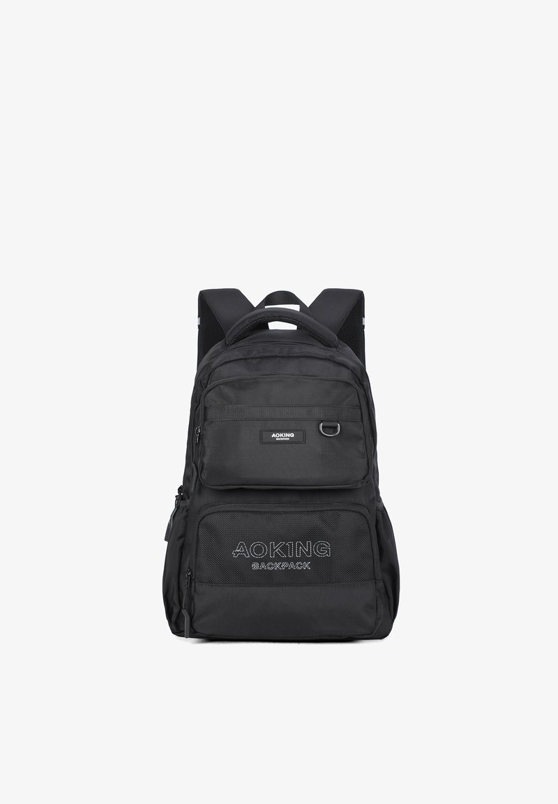 Zaino nero con più scomparti con zip, spallacci imbottiti e una maniglia superiore. Presenta una tasca in rete con dettagli del marchio.