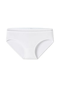 Bílé bavlněné bikinové kalhotky s žebrovanou texturou, s úzkým elastickým pasem a bezešvými stranami pro hladké nošení.
