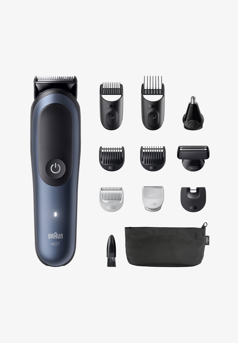 Braun AI07 trimmer in dark blue with textured grip, includes five attachments, cleaning brush, and a black storage pouch.