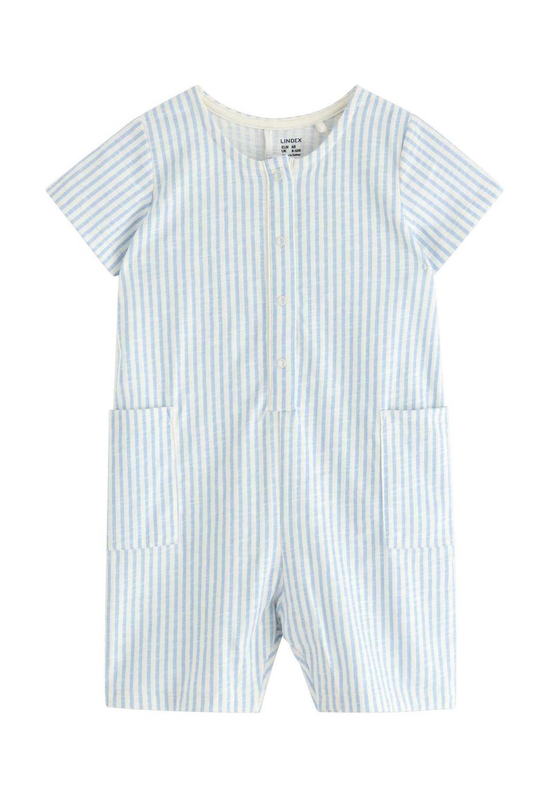 Stribet kortærmet jumpsuit i lys blå og hvid, med rund halsudskæring, frontknapper og to sidelommer.