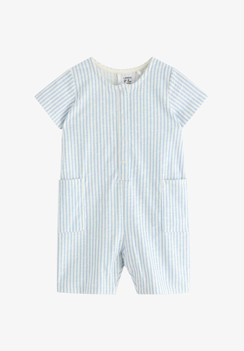 Stribet kortærmet jumpsuit i lys blå og hvid, med rund halsudskæring, frontknapper og to sidelommer.