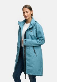 Light blue waterproof jacket with a hood, featuring a front zipper, adjustable drawstring, and side zip pockets. Smooth, matte texture.