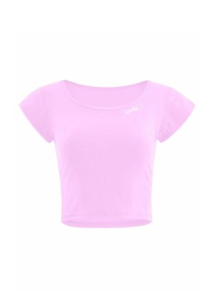 Rozā īsā topiņa, izgatavota no mīksta materiāla, ar īsām piedurknēm un apaļu kakla izgriezumu. Mazs balts logo kreisajā krūšu daļā.