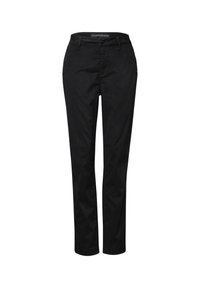 Pantalones de algodón negros con un corte slim, que cuentan con un cierre de botón, bolsillos frontales y detalles de costura sutil en los laterales. Textura suave en toda la prenda.