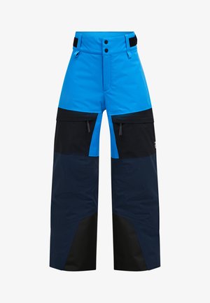 Pantaloni da sci blu e neri con design impermeabile, dotati di due tasche con zip, vita regolabile e vestibilità comoda.