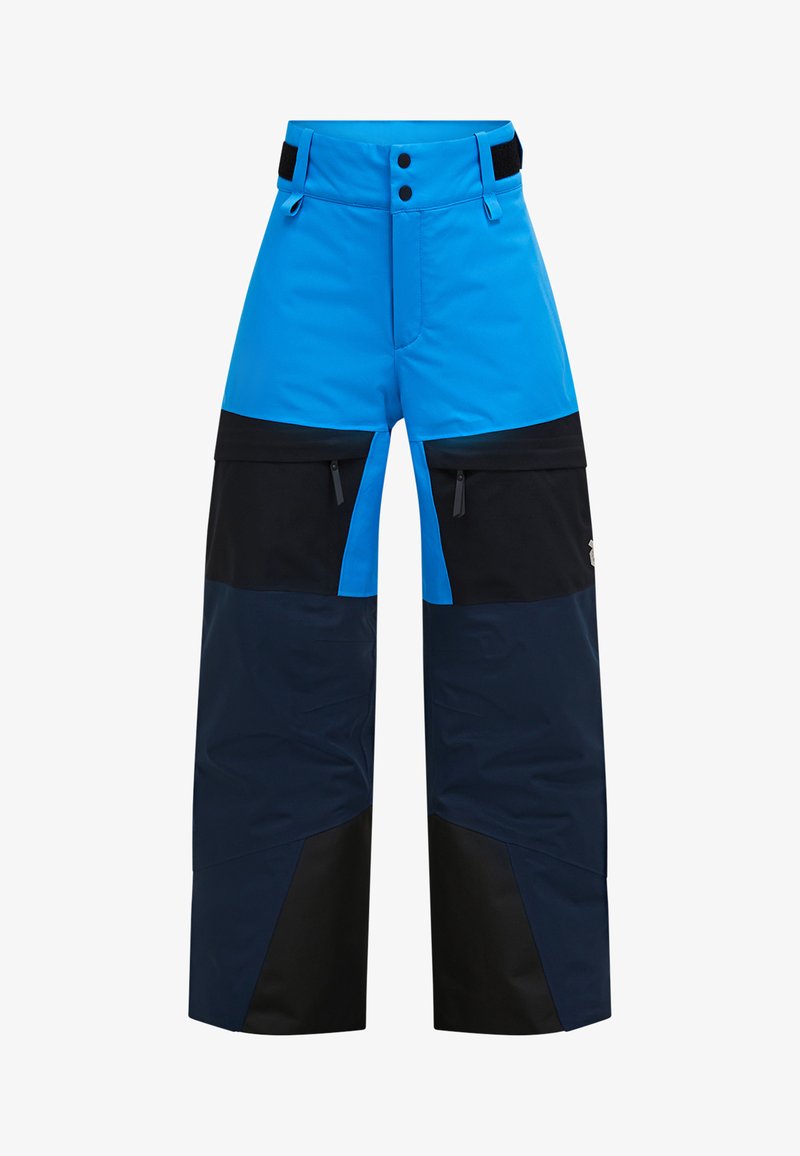 Blauwe en zwarte skibroek met een waterdichte ontwerp, voorzien van twee ritszakken, een verstelbare tailleband en een ontspannen pasvorm.