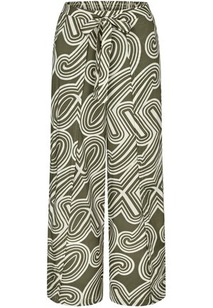 Weit geschnittene Hose mit olivgrünem und weißem abstraktem Wirbelmuster und einem vorderen Taillengürtel zum Binden.
