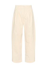 Pantaloni largi de culoare bej deschis, confecționați din bumbac, cu talie înaltă, plii frontale și manșete tivite. Textură netedă, fără modele.