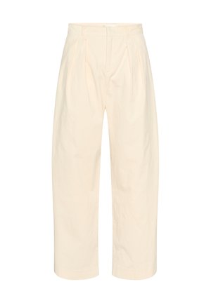 Gai bēšas platā kāju bikses, kas izgatavotas no kokvilnas, ar augsto jostasvietu, priekšējām grumbām un apakšmalām. Gluda tekstūra bez rakstiem.