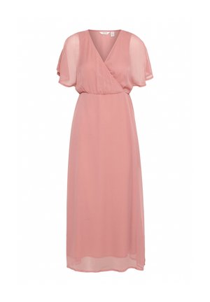 Vestido maxi en suave chiffon rosa, con un diseño envolvente, mangas cortas con vuelo y una cintura fruncida para una silueta fluida.