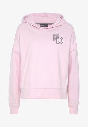 Pink hoodie made of soft fabric, featuring a loose fit, long sleeves, and a large hood. Includes a black logo graphic on the chest.