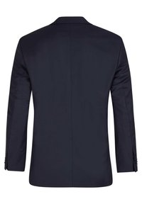 Marineblauer Anzugjackett mit glatter Textur, einzelner Schlitze hinten, langen Ärmeln und Dreiknopfdetails an den Manschetten.
