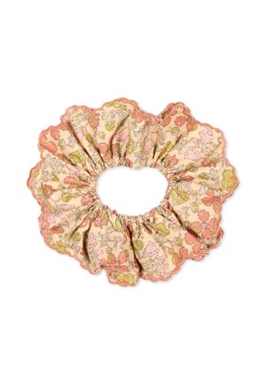 Scrunchie in tessuto elastico con bordi smerlati in fantasia floreale nei toni del rosa, verde e beige.
