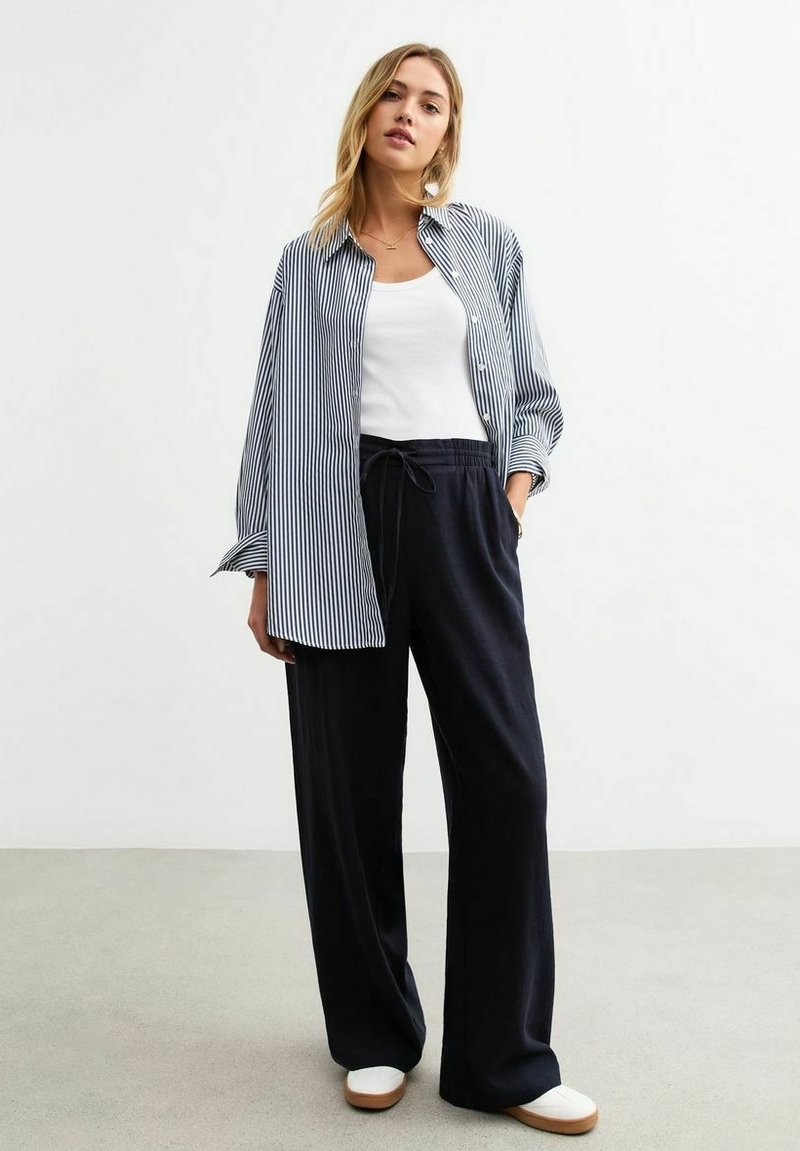 Randig skjorta i blått och vitt, kombinerad med svarta vida byxor. Outfiten har en avslappnad design med en lös passform och neutrala skor.