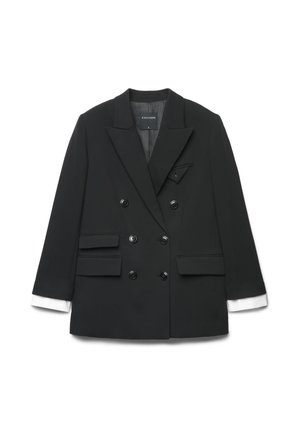 Blazer noir croisé à six boutons, revers crantés, trois poches à rabat et poignets de chemise blancs visibles aux manches.