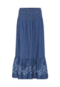 Denim krilo z nabranim pasom, razširjenim robom in belim cvetličnim vezenjem na dnu. Tkanina je mehka in gladke teksture.