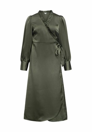 Vestido envolvente verde oliva hecho de satén con detalles de volante, mangas largas abullonadas y cierre de lazo en la cintura; textura suave y de longitud media.