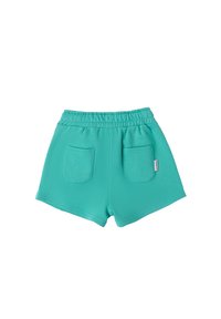 Shorts di cotone turchese con vita elasticizzata, due tasche posteriori e una superficie liscia. Design casual adatto per il clima caldo.