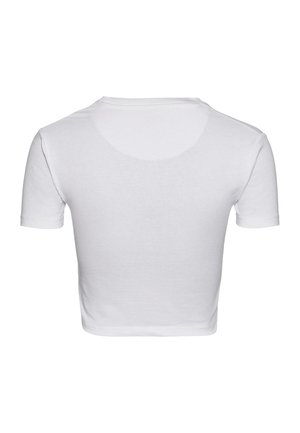 Weißes, tailliertes T-Shirt mit kurzen Ärmeln. Hergestellt aus weichem Stoff, mit rundem Ausschnitt und glatter Textur. Schlichtes und minimalistisches Design.