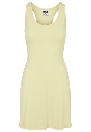 Light yellow tank dress with a fitted bodice and flared hem. Made from soft, stretchy fabric with wide straps and a scoop neckline.