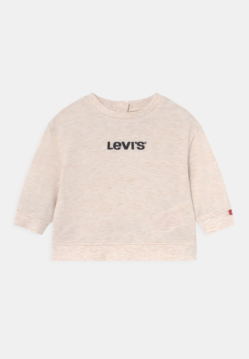 Sweat-shirt à manches longues beige pour tout-petit avec poignets et ourlet côtelés, arborant le logo Levi's noir sur la poitrine.