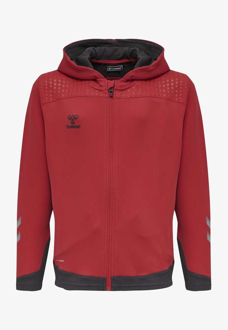 Rot Kapuzenjacke mit strukturiertem Muster an den Schultern, schwarzer Fütterung und grauen Akzenten. Verfügt über einen Reißverschluss und eine Netzstruktur an den Bündchen und am Saum.