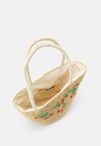 Borsa tote in paglia intrecciata con doppi manici, con ricamo floreale rosso e interno in tessuto beige con tasca.