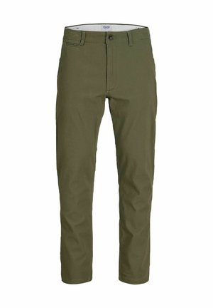 Pantalon vert olive en tissu de coton, avec une coupe droite, poches avant, une fermeture éclair et un bouton, et des détails de couture visibles.