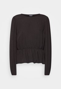 Blusa preta de mangas compridas com decote redondo, cintura franzida e tecido ligeiramente texturizado. Apresenta um padrão canelado subtil.