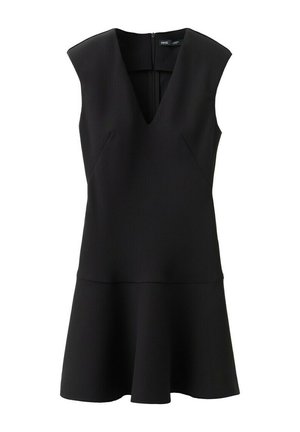 Abito nero senza maniche con scollo a V profondo, corpetto aderente, gonna svasata e chiusura con zip posteriore.