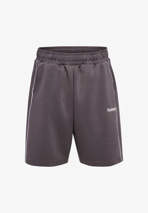 Ciemnoszare casualowe spodenki z elastycznym pasem, bocznymi kieszeniami, białymi paskami po bokach i małym białym logo "hummel" na lewej udzie.