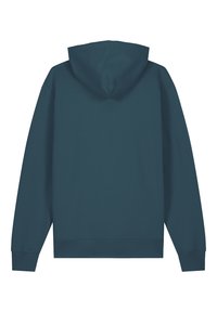 Kap met een blauwe hoodie met een gladde textuur, lange mouwen, geribbelde manchetten en een ontspannen pasvorm. Kenmerkt zich door een minimalistisch ontwerp.