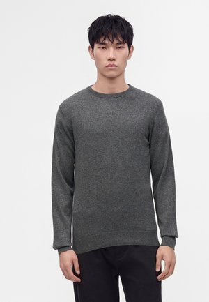 Jeune homme aux cheveux noirs courts portant un pull gris uni à manches longues et un pantalon noir, debout sur un fond blanc.