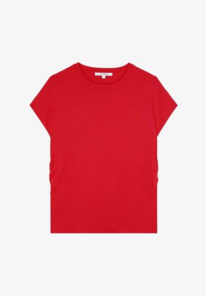 Rode katoenen T-shirt met korte mouwen, ronde halslijn en geplooide details aan de zijkanten, met een gladde textuur en een minimalistisch ontwerp.