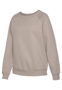 Light beige sweatshirt made of soft fabric, featuring a round neckline, ribbed cuffs, and hem, with a subtle cross-stitch detail on the front.