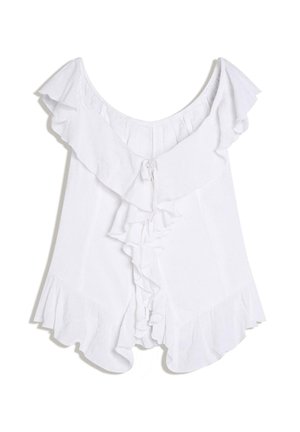 Weiße ärmellose Bluse mit gerafftem Carmen-Ausschnitt und vorderer Bindung, mit kaskadierenden Rüschen-Details in der Mitte und am Saum.